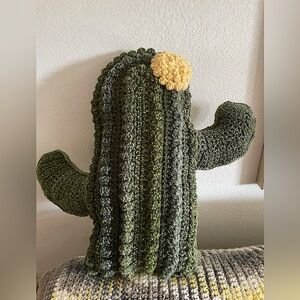 Crochet Green Cactus Pillow with Yellow Flower